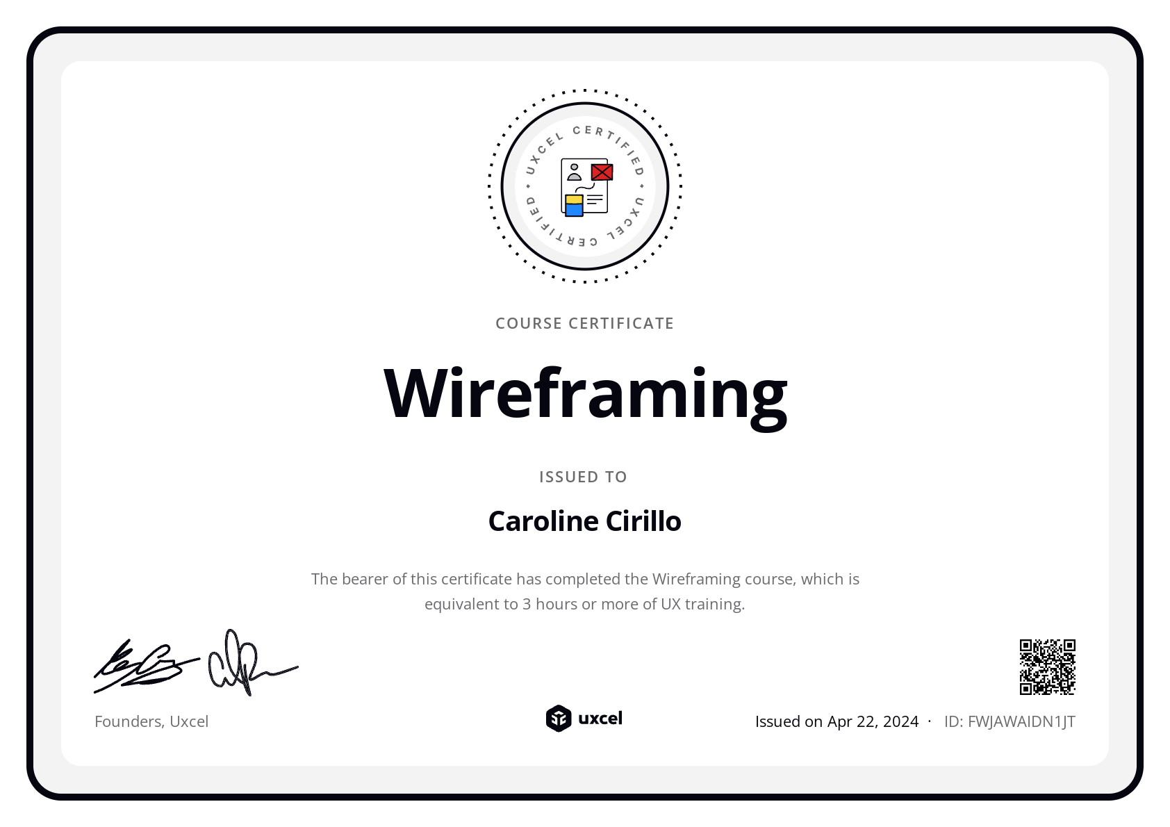 Caroline Cirillo's certificate